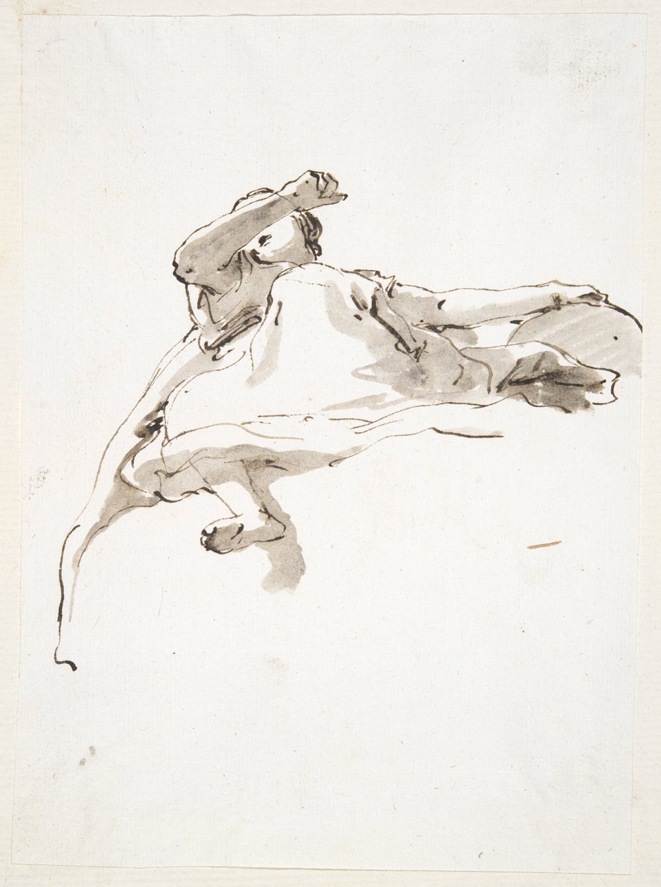 Makaava naishahmo, vasen käsi maapallon päällä, oikea käsi nostettuna kasvojen eteen, alhaalta katsottuna tekijältä Giovanni Battista Tiepolo