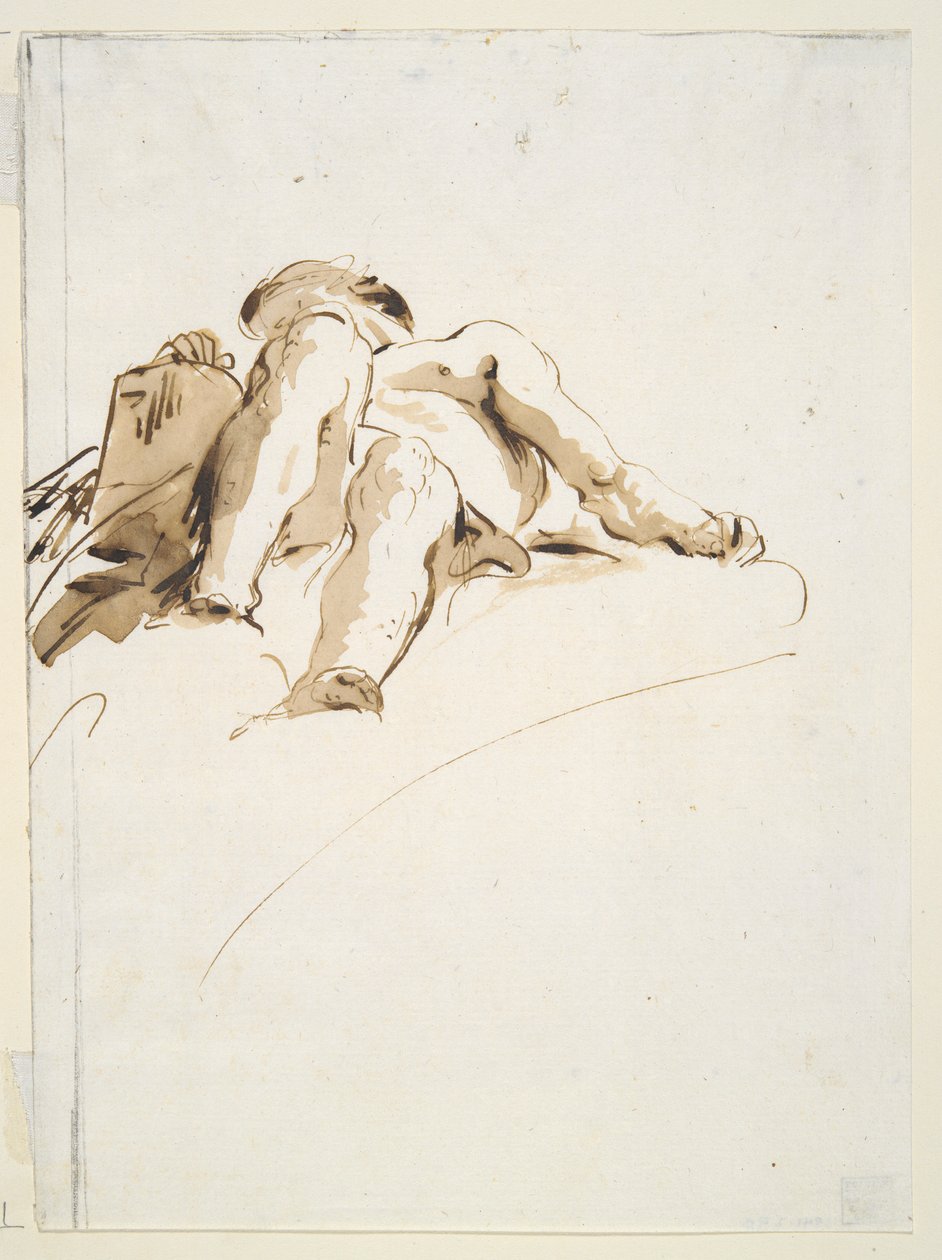 Makaava mies alaston oikea käsi kivitaululla alhaalta katsottuna tekijältä Giovanni Battista Tiepolo