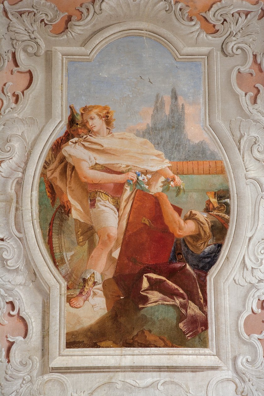 Rinaldo häpeä menneisyyttään, Jerusalemin huoneesta toimitettu Palazzinassa, 1757 tekijältä Giovanni Battista Tiepolo