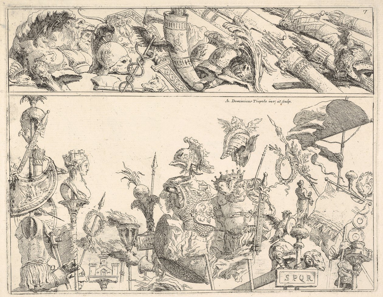 Roomalaiset aseet, standardit ja pokaalit, kahdeksi vaakasuuntaiseksi nauhaksi jaettu sävellys, 1774. tekijältä Giovanni Battista Tiepolo