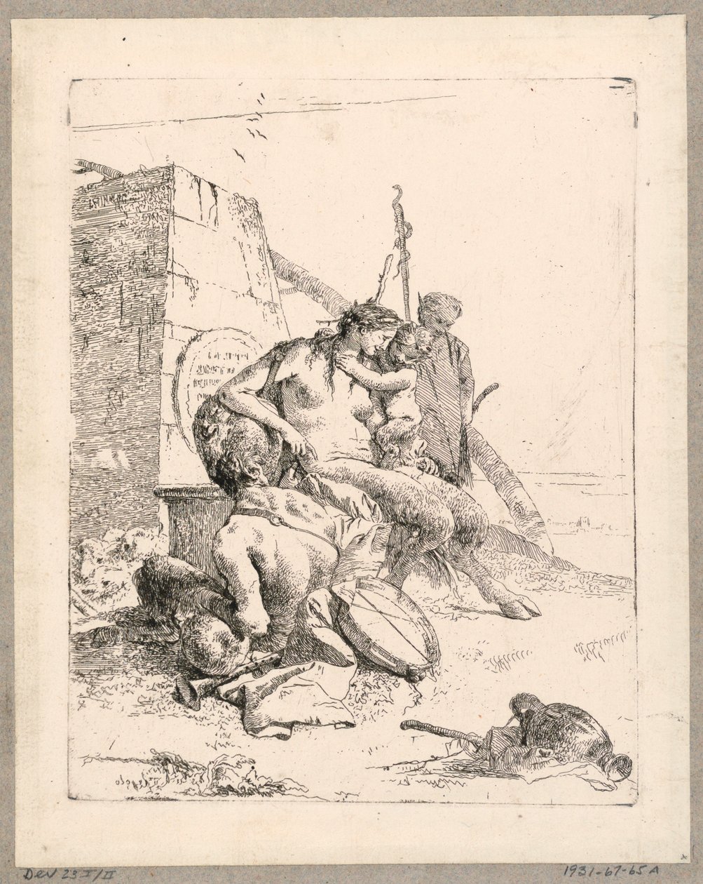 Satyr-perhe obeliskillä, levy 11 Scherzi di Fantasialta tekijältä Giovanni Battista Tiepolo