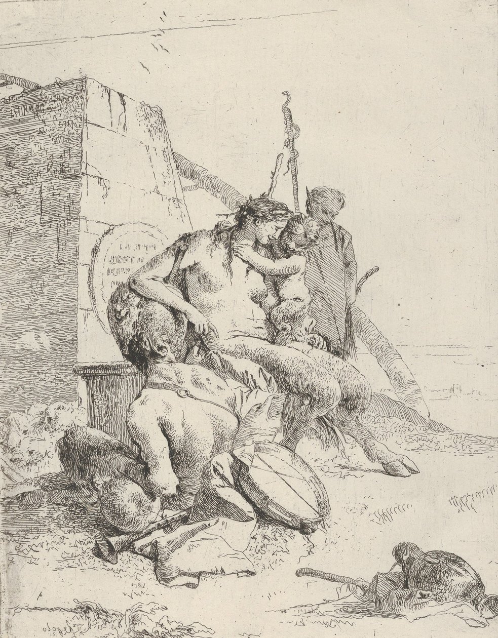Satyr-perhe obeliskin kanssa, Scherzistä, n. 1743-50. tekijältä Giovanni Battista Tiepolo
