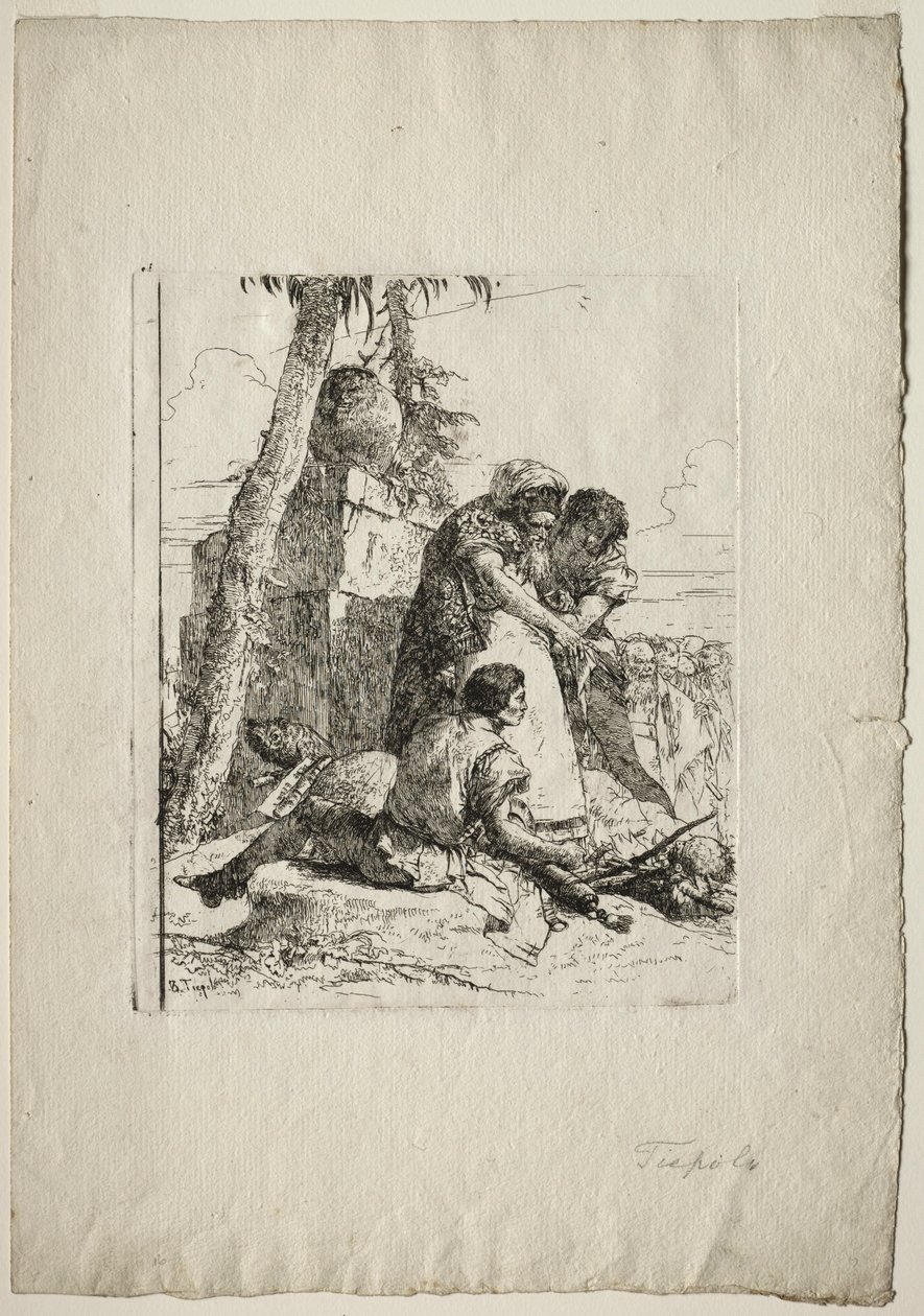 Scherzi di Fantasia: Taikuri osoittaa palavan pään kahdelle nuorelle, 1750-luku. tekijältä Giovanni Battista Tiepolo