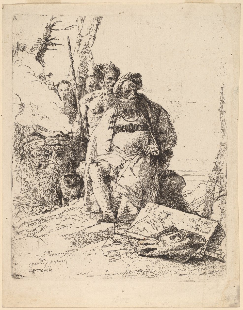 Istuu taikuri muiden hahmojen kanssa alttarin vieressä tekijältä Giovanni Battista Tiepolo