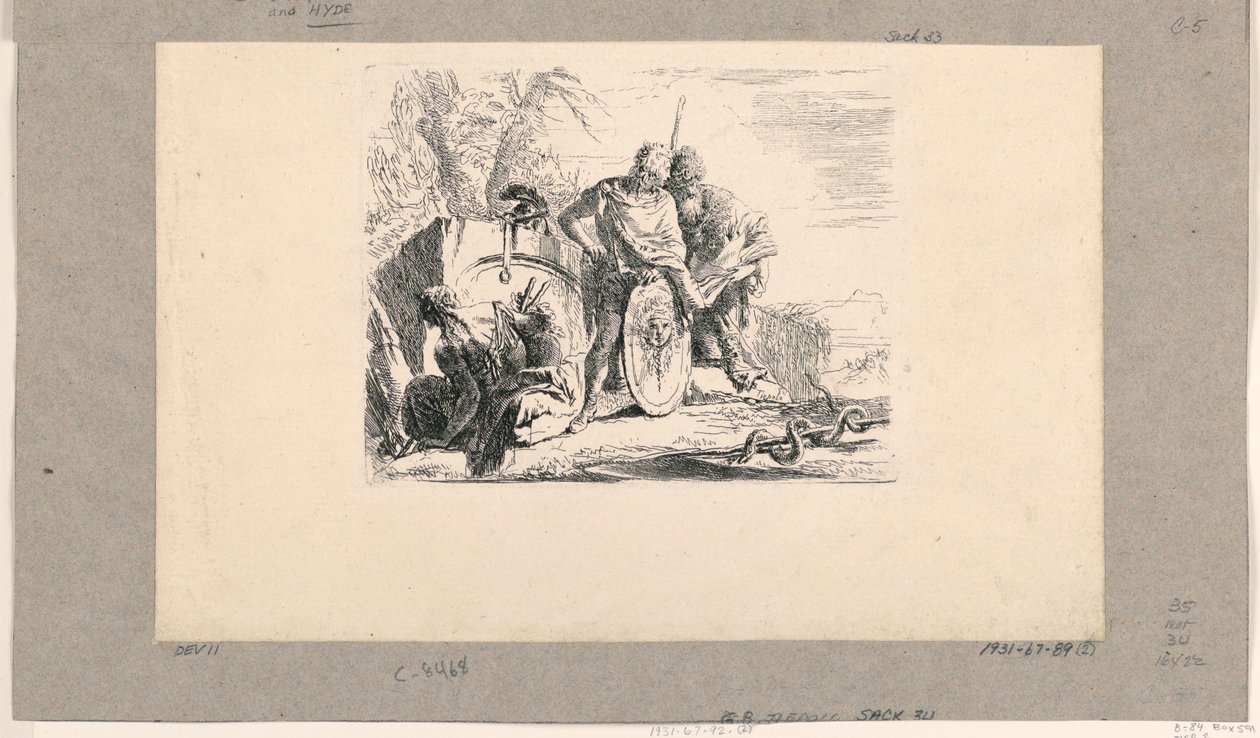 Istuva nainen, nuori sotilas ja taikuri Vari Capriccista tekijältä Giovanni Battista Tiepolo