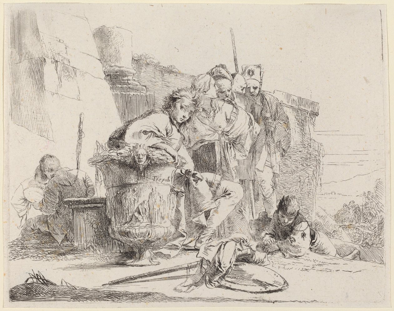 Istuva nuoriso nojaa uurnia vasten tekijältä Giovanni Battista Tiepolo
