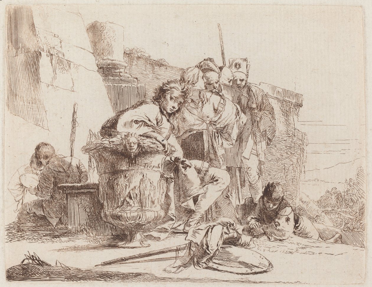 Jove assegut recolzat contra un Urnfinnish tekijältä Giovanni Battista Tiepolo