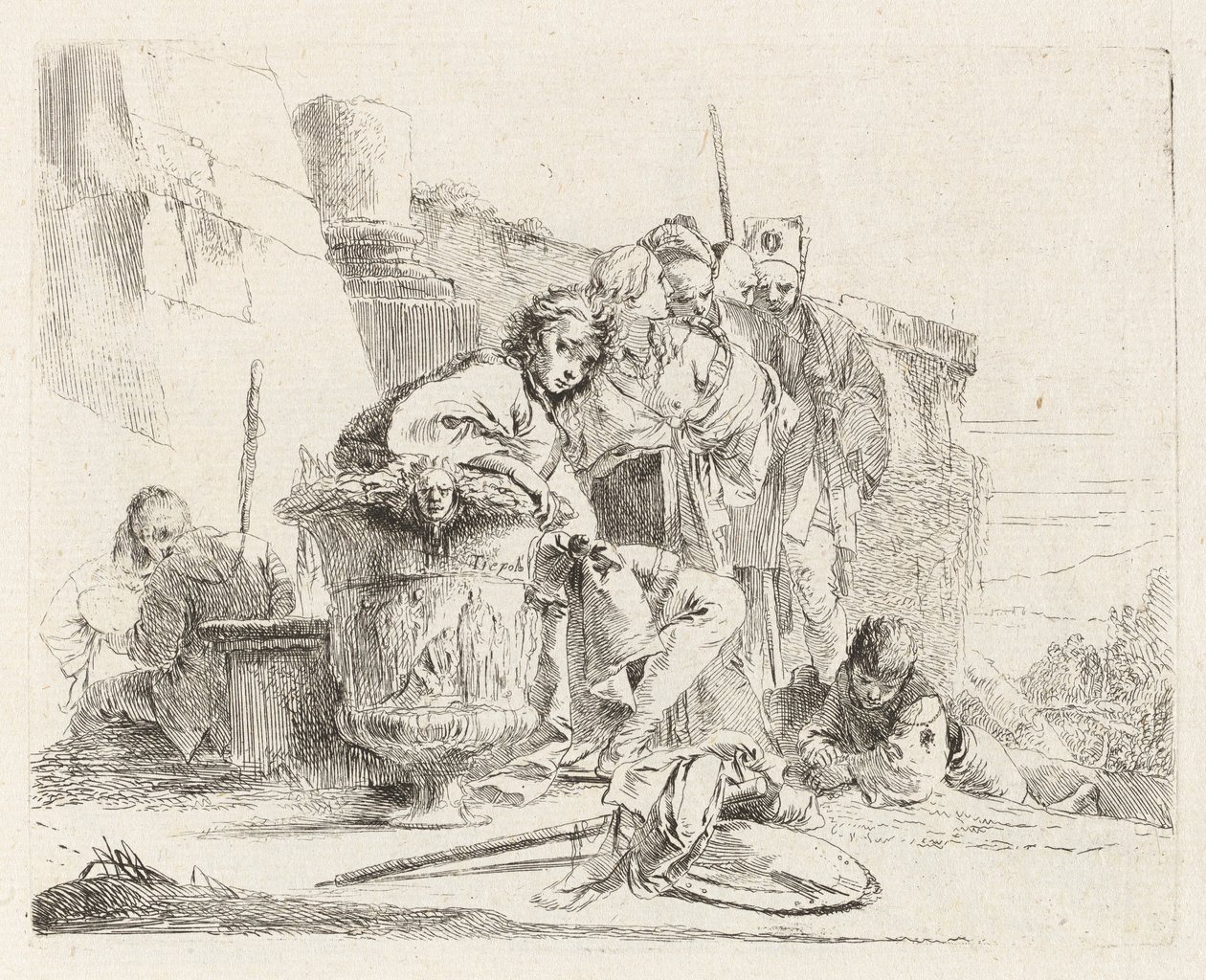 Istuva nuoriso nojaa uurnia vasten, Vari capricci (Erilaiset Capricciot) tekijältä Giovanni Battista Tiepolo
