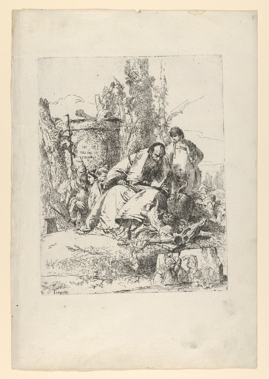 Istuva taikuri, poika ja neljä hahmoa Scherzi di Fantasiasta, n. 1743-50. tekijältä Giovanni Battista Tiepolo