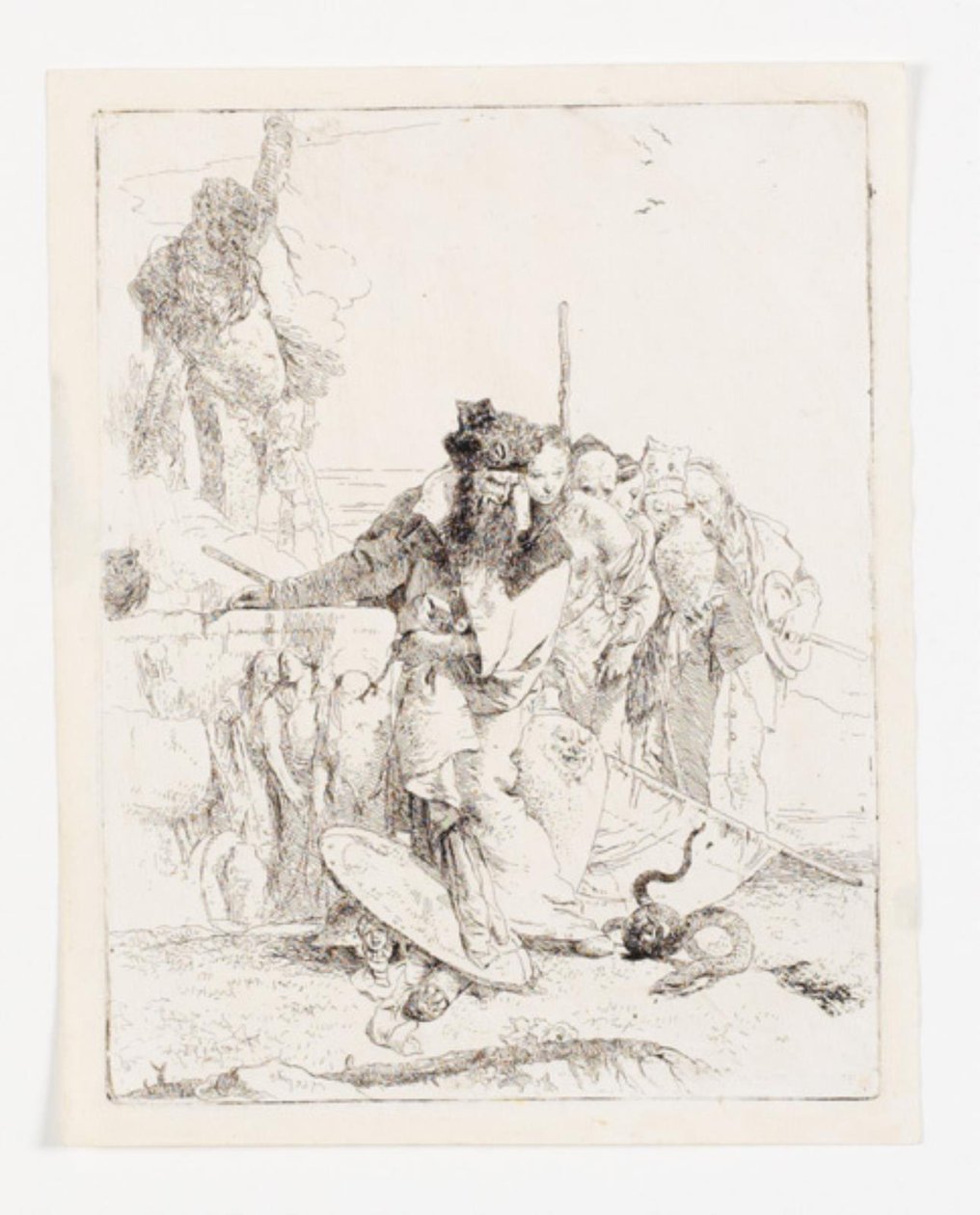 Kuusi ihmistä katsomassa käärmettä. Arkki sarjasta Scherzi di fantasia. (Rizzi 15; De Vesme 24) tekijältä Giovanni Battista Tiepolo