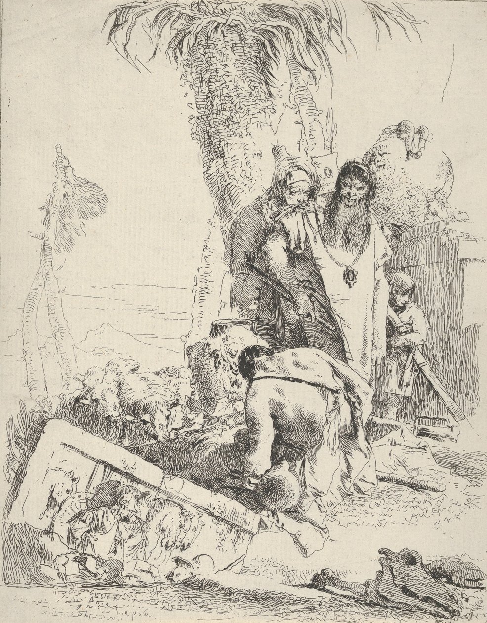 Paimen ja kaksi taikuria, Scherzistä, n. 1743-57. tekijältä Giovanni Battista Tiepolo