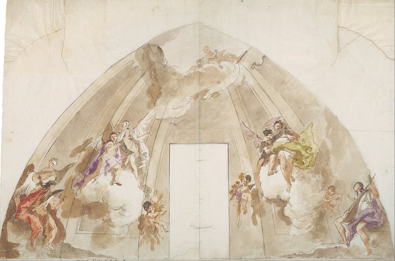 Laulavat ja musisoivat enkelit: Udinen katedraalin kattoa varten tehty piirustus. tekijältä Giovanni Battista Tiepolo