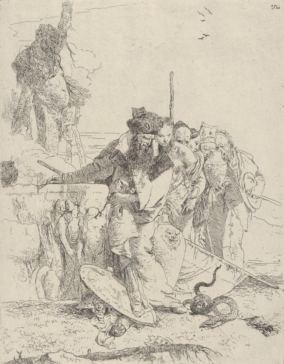 Kuusi ihmistä katsomassa käärmettä Scherzistä, n. 1743-50. tekijältä Giovanni Battista Tiepolo