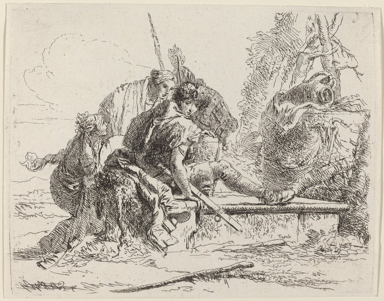 Sotilas istuu haudalla ympärillä olevien hahmojen kanssa tekijältä Giovanni Battista Tiepolo