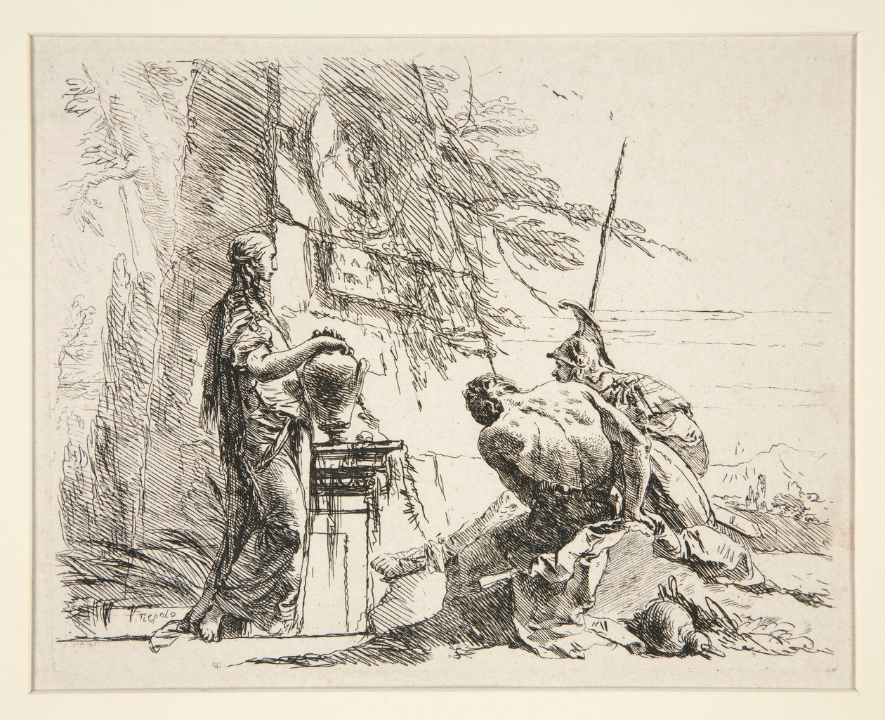 Seisova nainen ja istuva mies ennen obeliskia, sarjasta Vari Capricci tekijältä Giovanni Battista Tiepolo