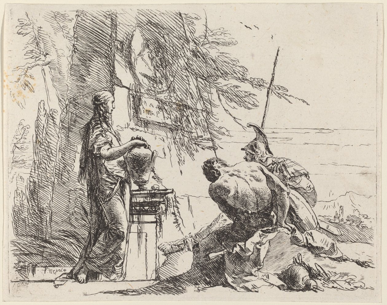 Seisova nainen ja istuvat miehet obeliskin edessä tekijältä Giovanni Battista Tiepolo