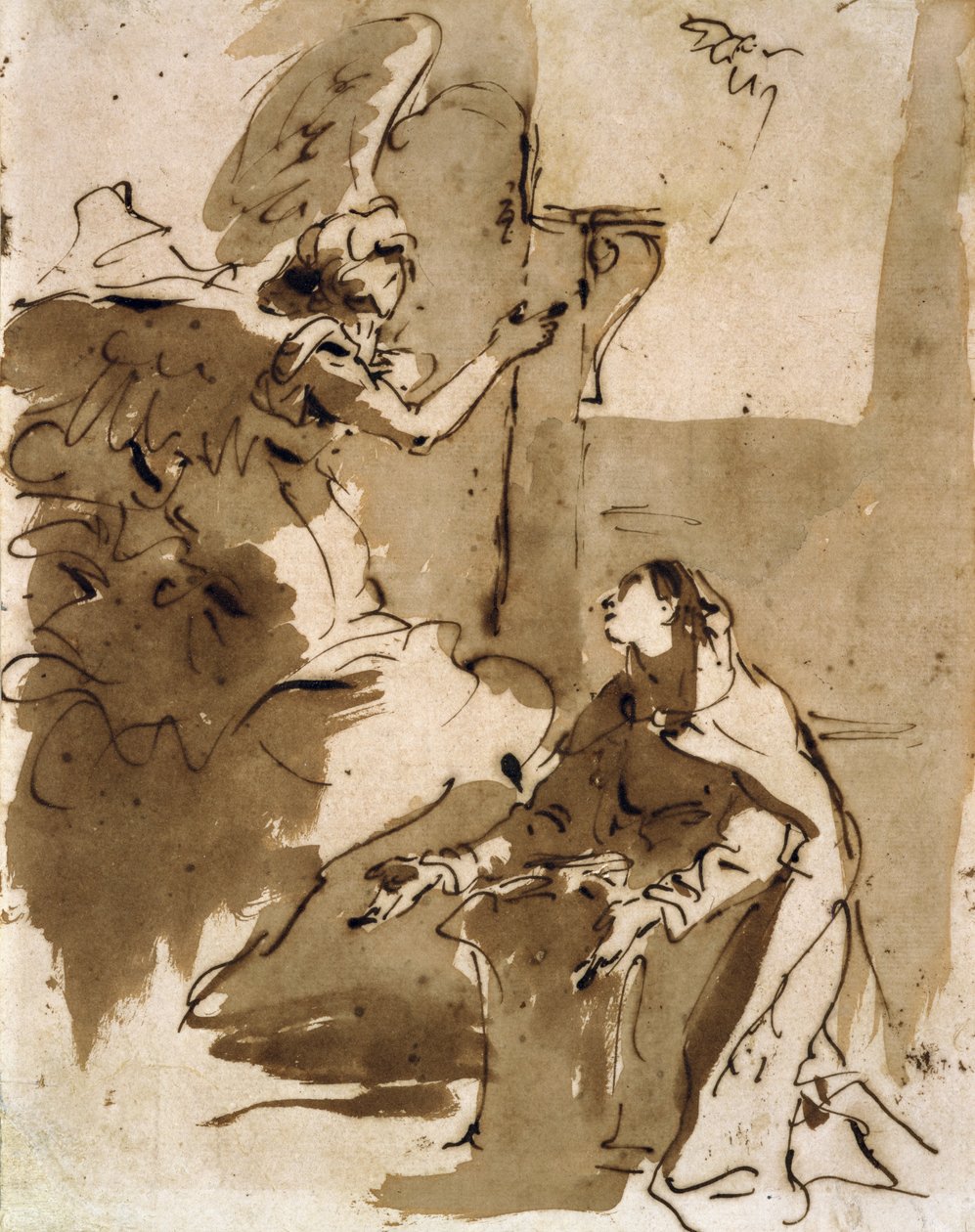 Annunciation (kynä ja ruskea muste ja ruskea pesu paperille) tekijältä Giovanni Battista Tiepolo