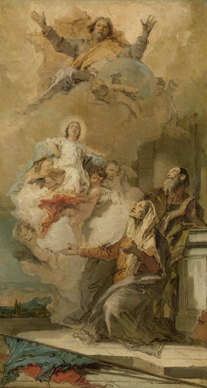 Tahraton sikiäminen (Joachim en Anna vastaanottaa Neitsyt Marian Isältä Jumalalta) Neitsyt Maria, jonka Isä Jumala antoi pyhille Joakimille ja Annalle tekijältä Giovanni Battista Tiepolo