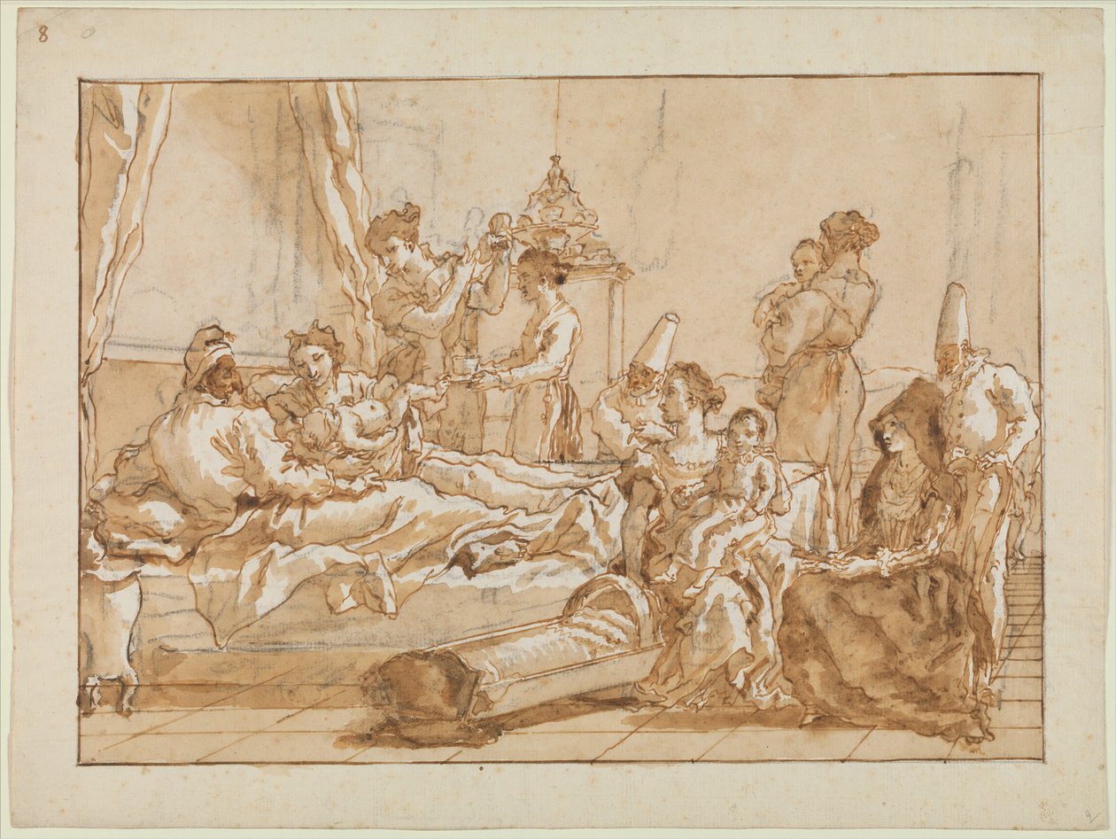 Infant Punchinello sängyssä vanhempiensa kanssa, n. 1800 tekijältä Giovanni Battista Tiepolo