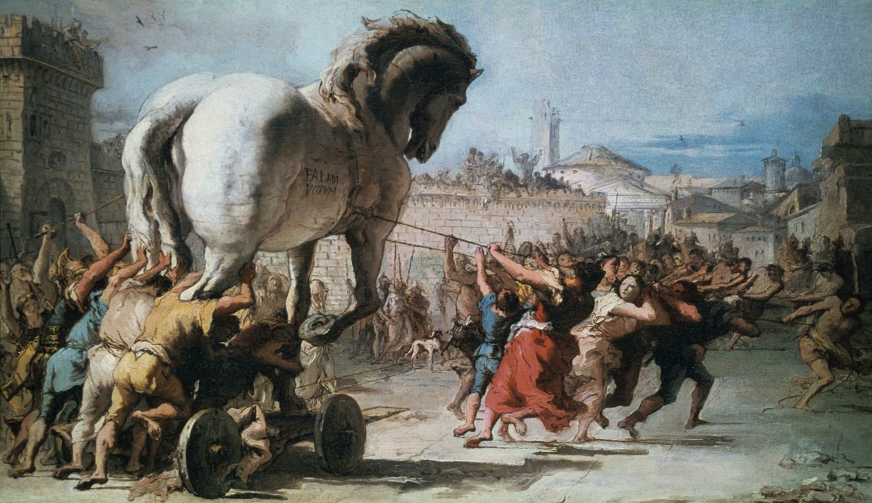Troijan hevosen kulkue Troijaan, n. 1760 tekijältä Giovanni Battista Tiepolo