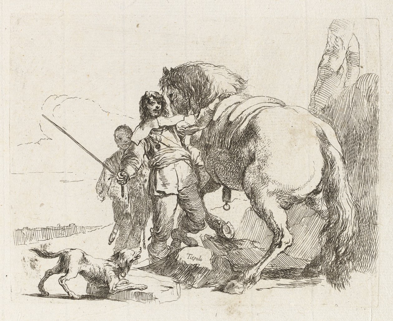 Ratsastaja seisomassa hevosensa luona, kirjasta Vari capricci (Various Capriccios) tekijältä Giovanni Battista Tiepolo