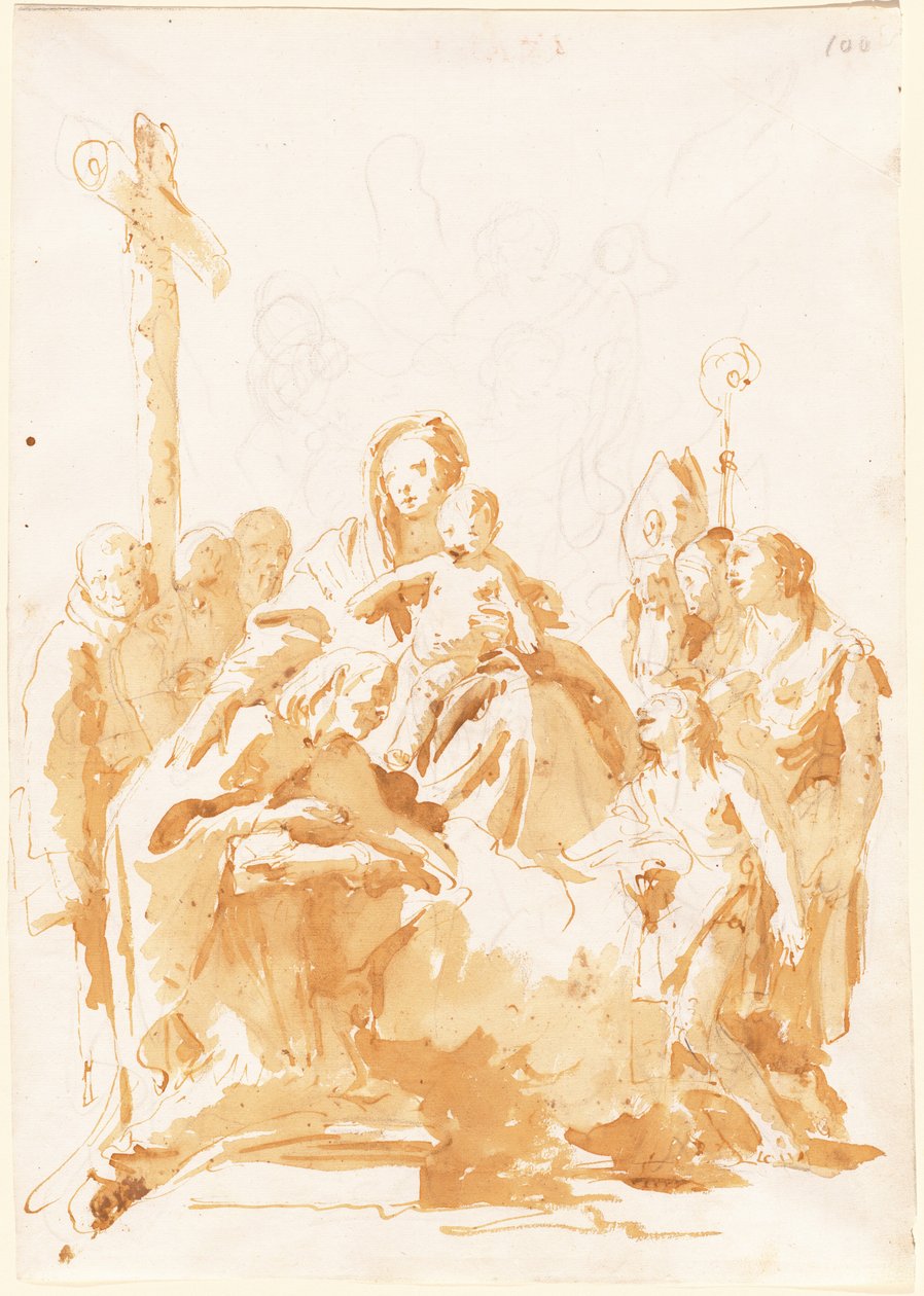Die Jungfrau und das Kind, verehrt von Bischöfen, Mönchen und Frauen tekijältä Giovanni Battista Tiepolo