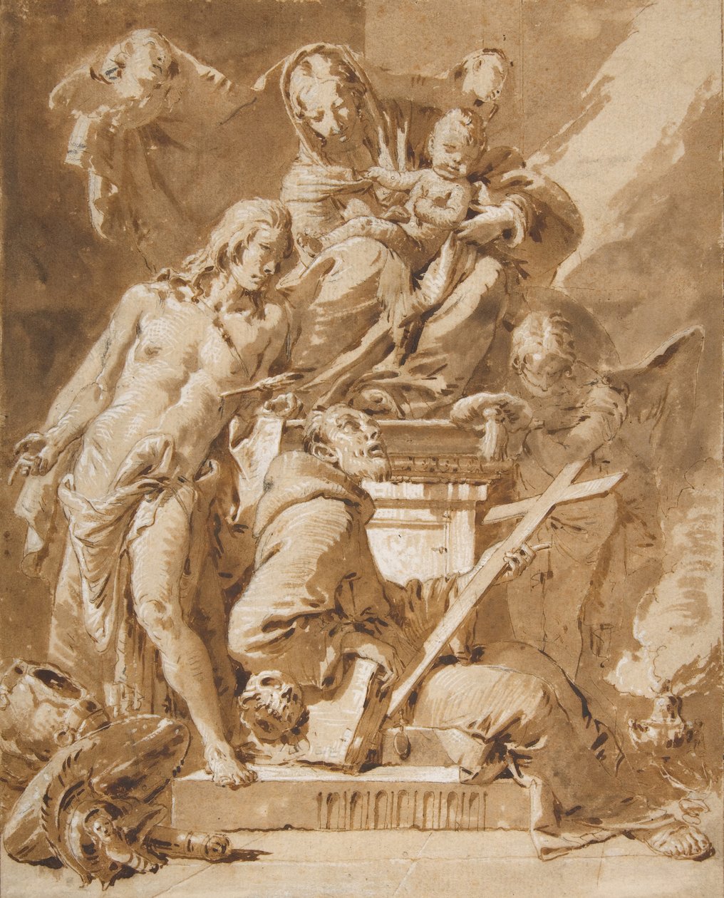 Neitsyt ja lapsi valtaistuimella Pyhän Sebastianin ja fransiskaanisen pyhän kanssa, 1696-1770. tekijältä Giovanni Battista Tiepolo