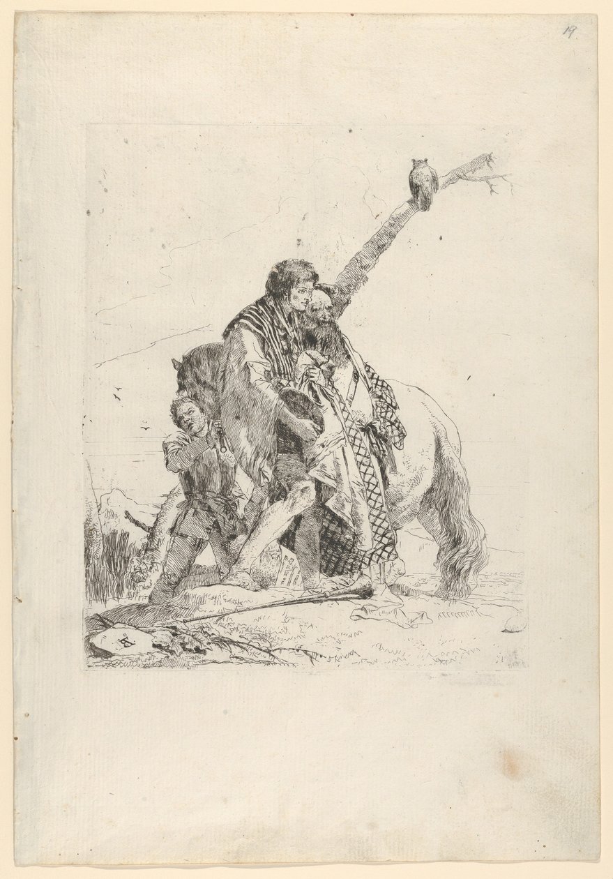 Kolme miestä seisomassa hevosen vieressä, Scherzistä, n. 1740. tekijältä Giovanni Battista Tiepolo