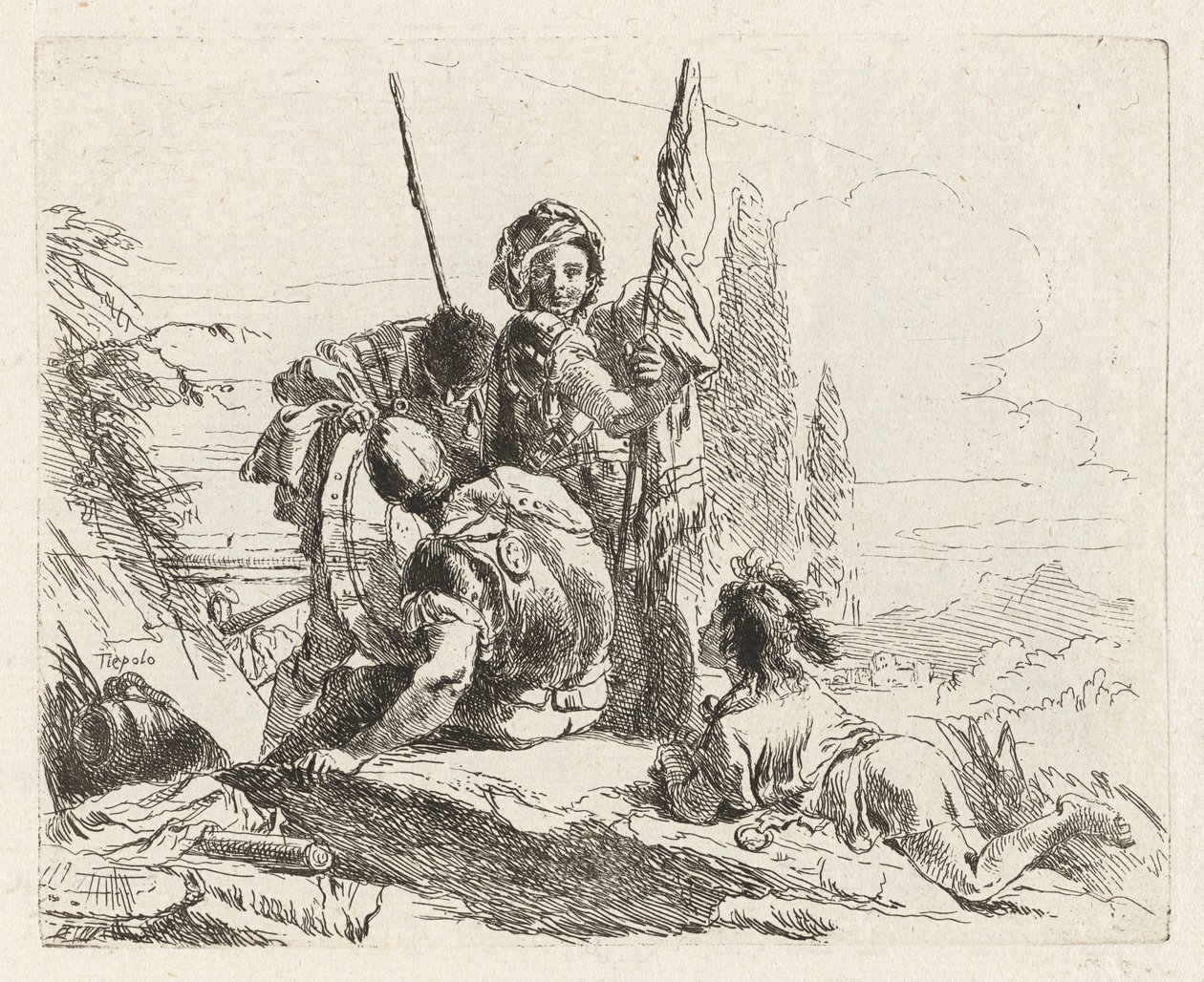 Kolme sotilasta ja poika, Vari capricci (Various Capriccios) tekijältä Giovanni Battista Tiepolo