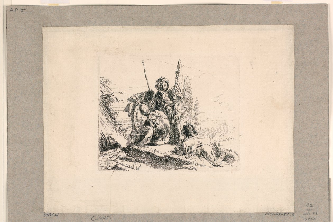 Kolme sotilasta ja poika, Vari Capricci tekijältä Giovanni Battista Tiepolo
