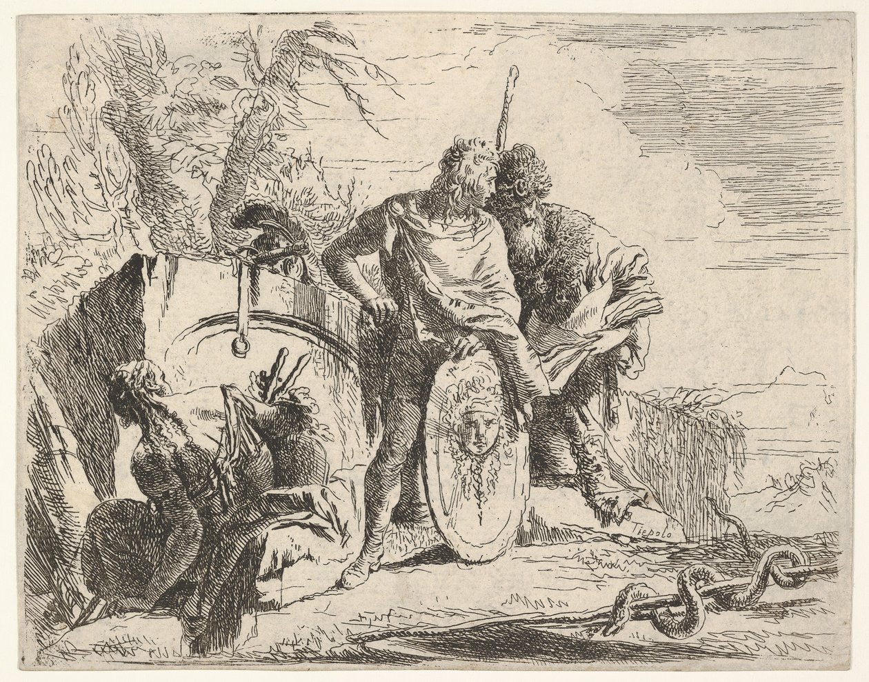 Kolme hahmoa ja käärme kiertyneenä sauvan ympärille maiseman ympäröimänä, ce..., 1700-luku. tekijältä Giovanni Battista Tiepolo
