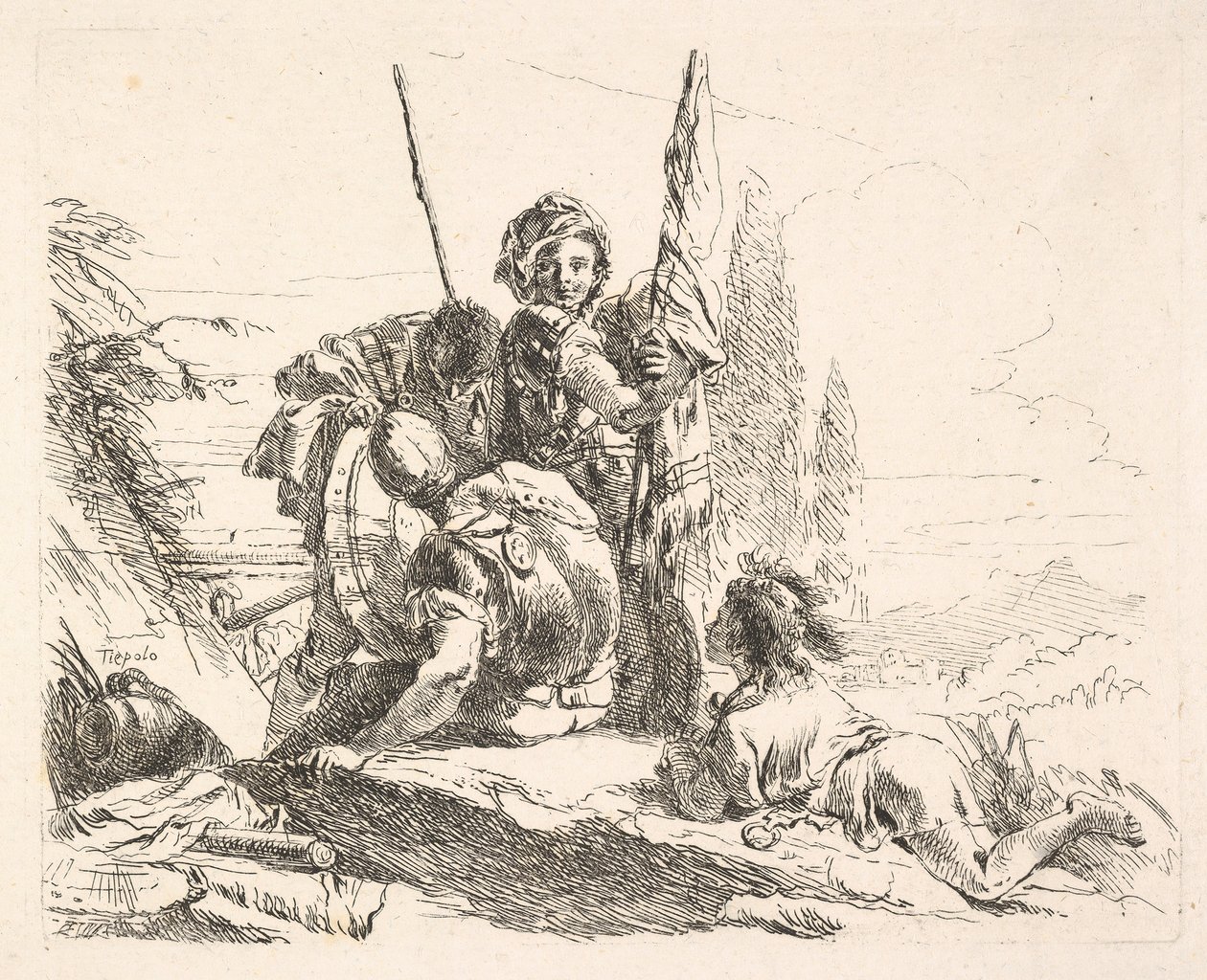 Kolme sotilasta ja nuorukainen makaamassa vatsallaan maisemassa, sotilaat kantavat..., n. 1740-42. tekijältä Giovanni Battista Tiepolo