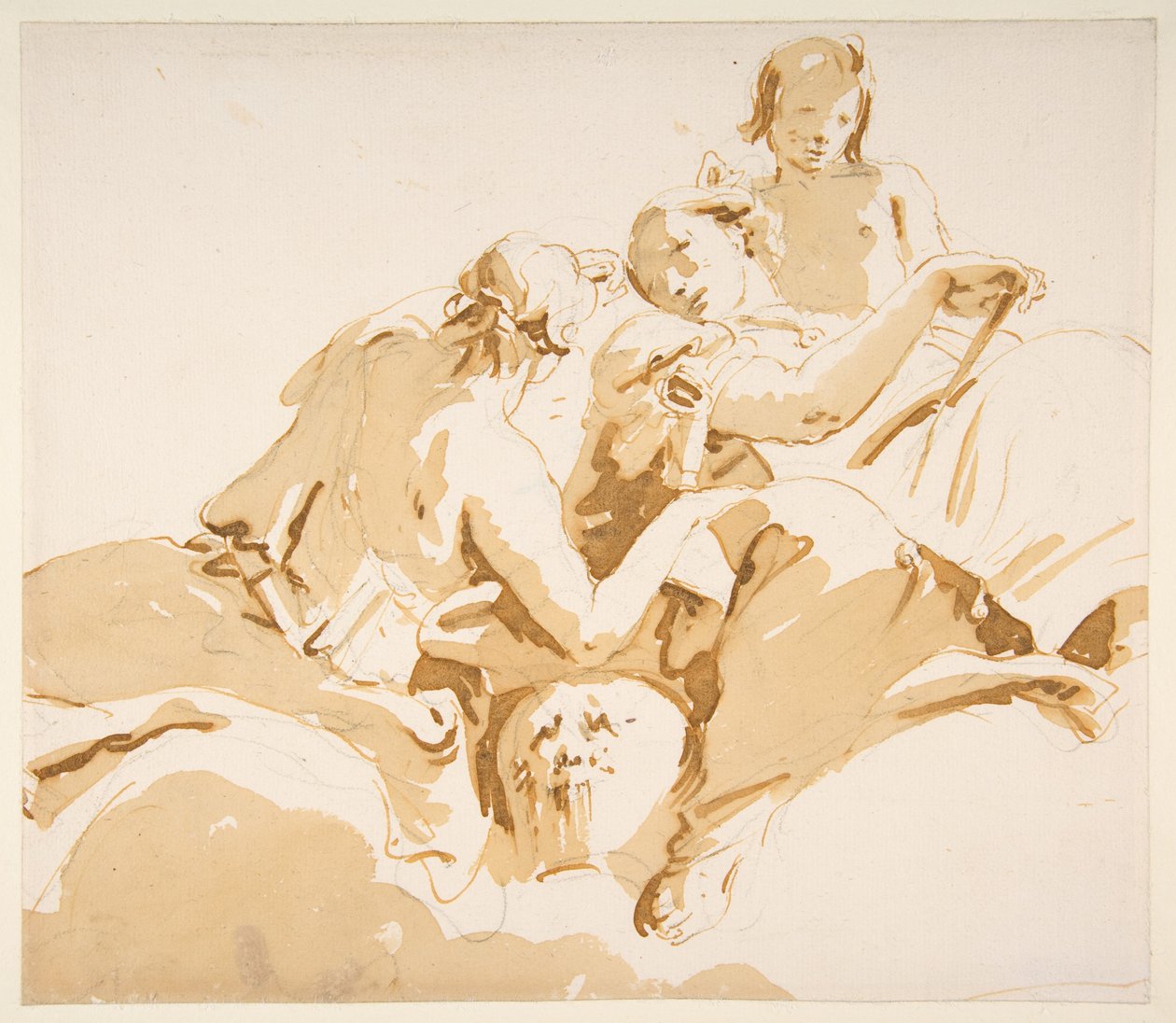 Zwei sitzende Frauen und ein Junge auf Wolken tekijältä Giovanni Battista Tiepolo