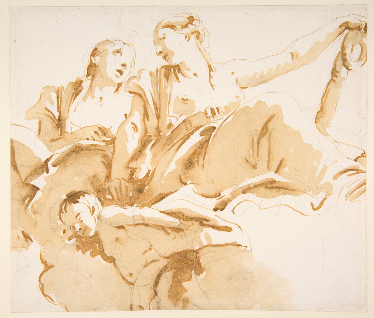 Zwei Frauen, eine hält einen Anker, und ein Putto auf Wolken tekijältä Giovanni Battista Tiepolo