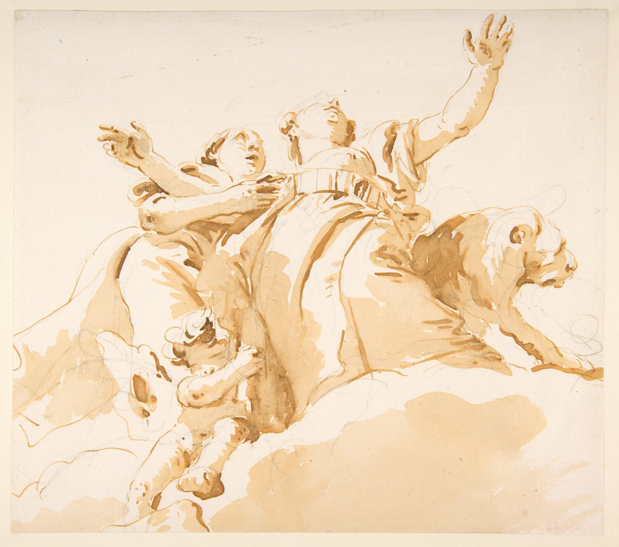 Zwei Frauen, ein Löwe und ein Putto auf Wolken tekijältä Giovanni Battista Tiepolo