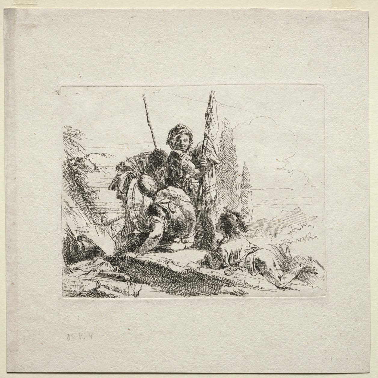 Erilaisia otuksia: Kolme sotilasta ja poika, 1785. tekijältä Giovanni Battista Tiepolo