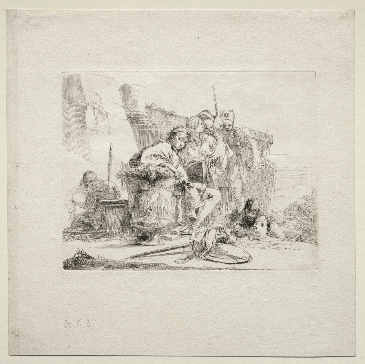 Erilaisia otuksia: Nuori mies istuu uurnia vasten nojaten tekijältä Giovanni Battista Tiepolo
