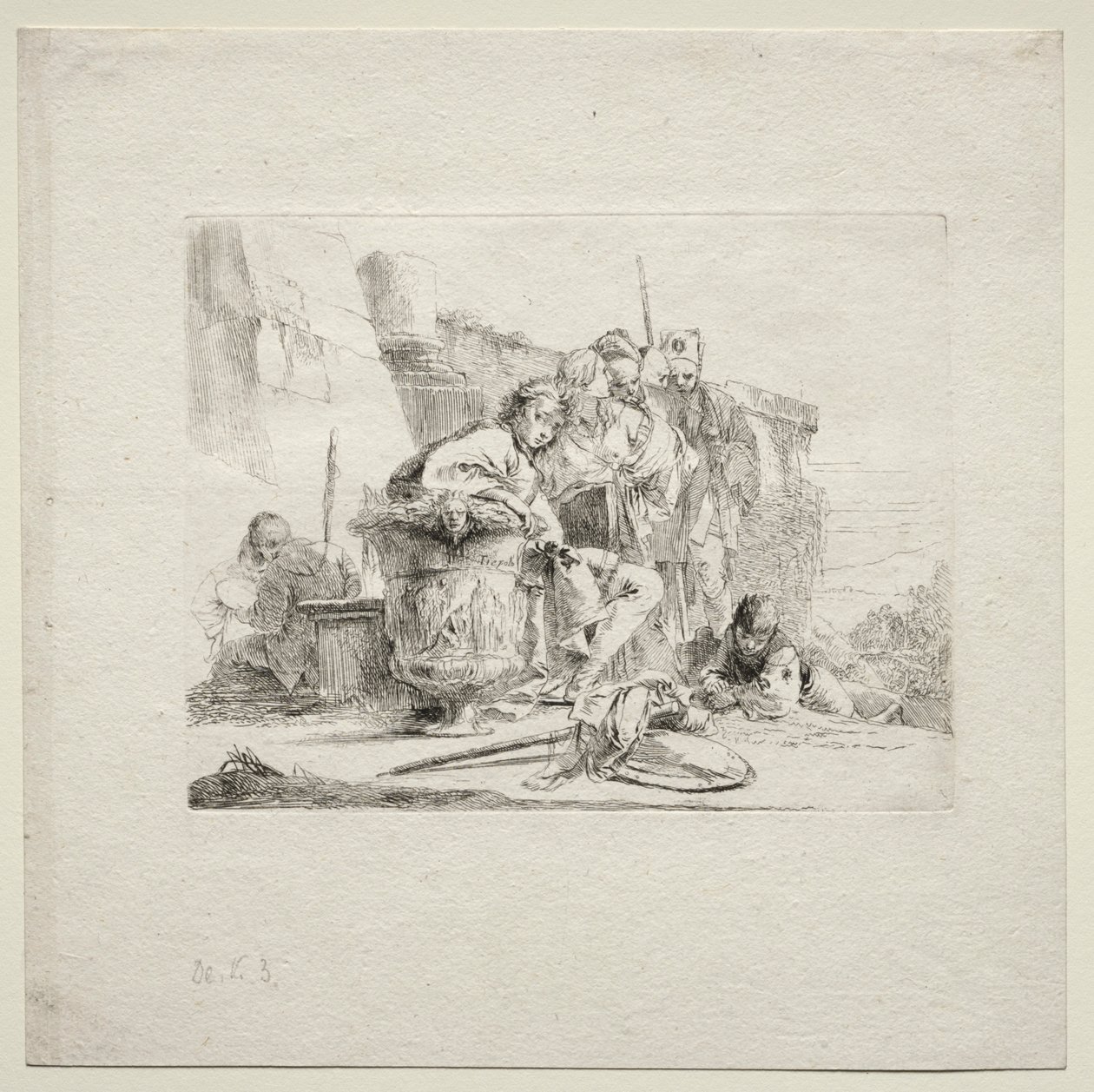 Erilaisia otuksia: Nuori mies istuu, nojaten uurnia vasten, 1785. tekijältä Giovanni Battista Tiepolo
