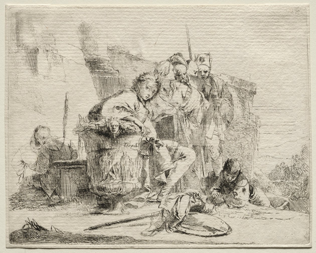 Erilaisia otuksia: Nuori mies istuu, nojaa uurnia vasten. tekijältä Giovanni Battista Tiepolo