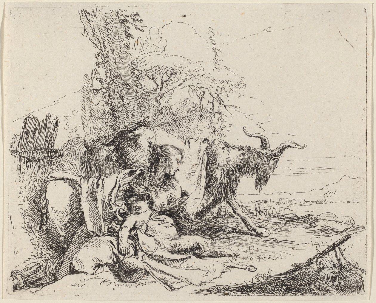 Nainen, satyyrilapsi ja vuohi maisemassa tekijältä Giovanni Battista Tiepolo