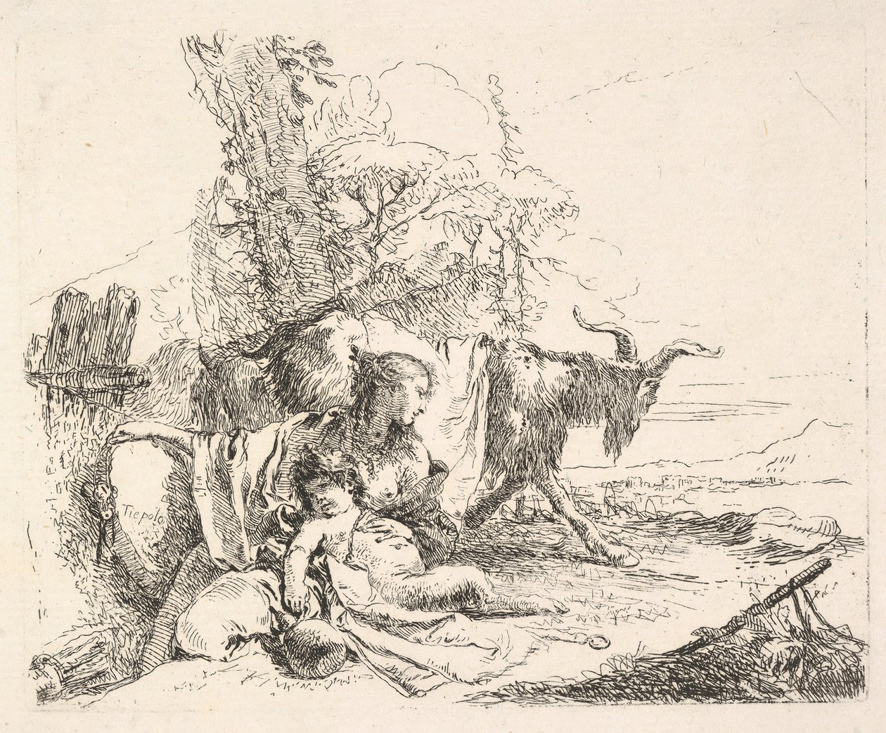 Nainen ja vauvasatiiri maisemassa, nainen kääntyy katsomaan vasemman shokansa yli..., n. 1740-42. tekijältä Giovanni Battista Tiepolo