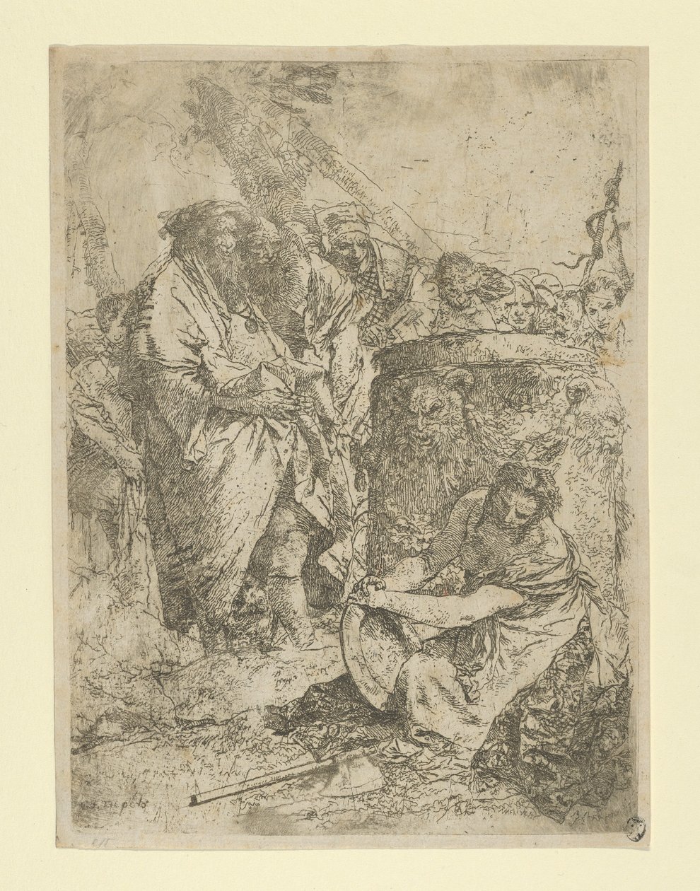 Nainen polvistumassa Taikurien ja muiden hahmojen edessä, Scherzistä, n. 1740. tekijältä Giovanni Battista Tiepolo