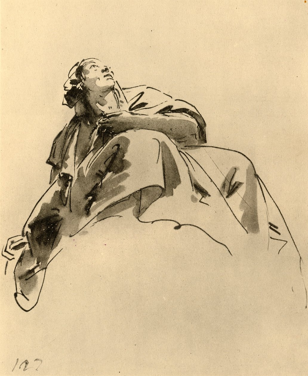 Nainen istumassa vinosti alhaalta katsottuna, 1700-luvun puoliväli, 1928 tekijältä Giovanni Battista Tiepolo