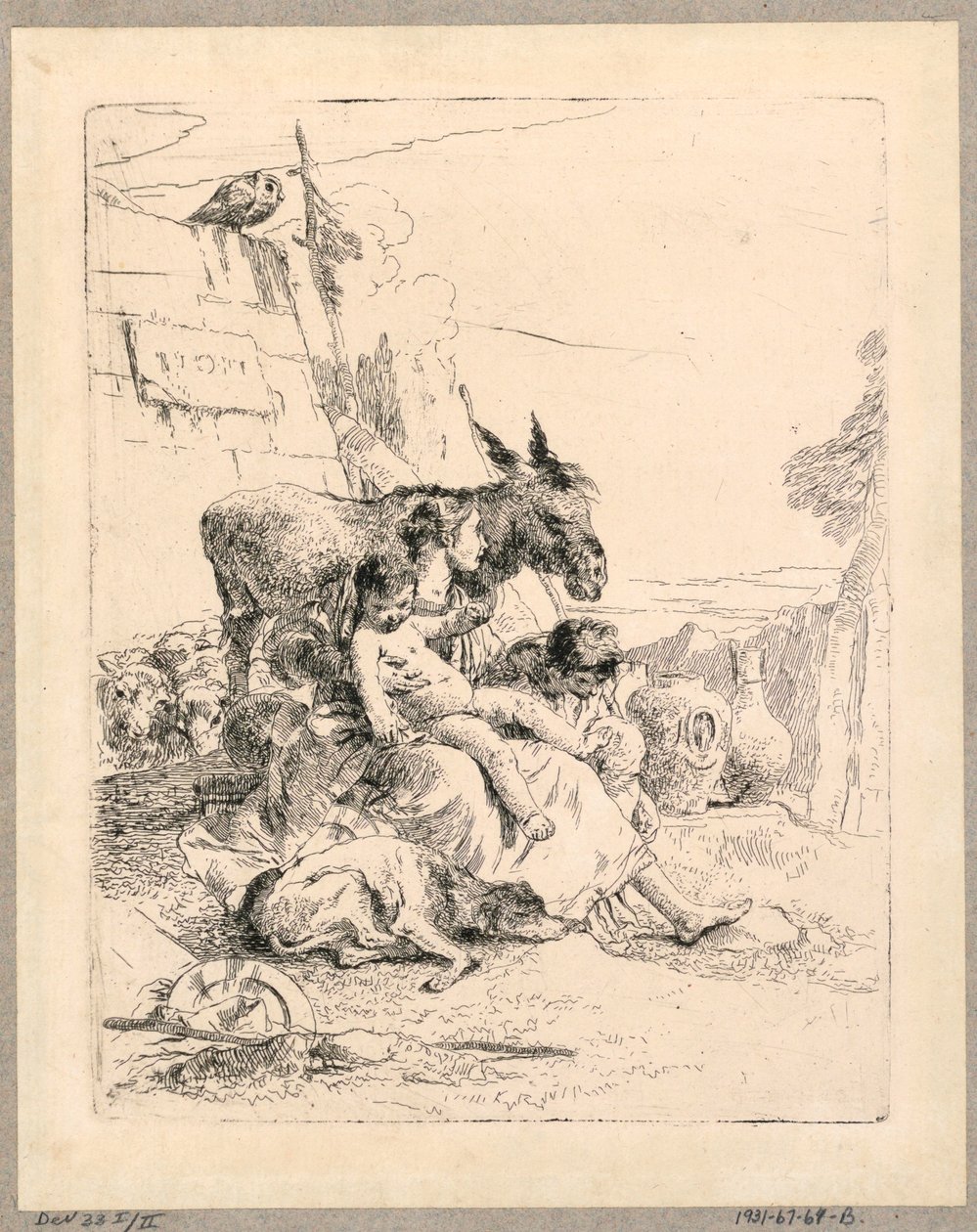 Nainen, jolla on kaksi lasta ja aasi, levy 21 Scherzi di Fantasialta tekijältä Giovanni Battista Tiepolo