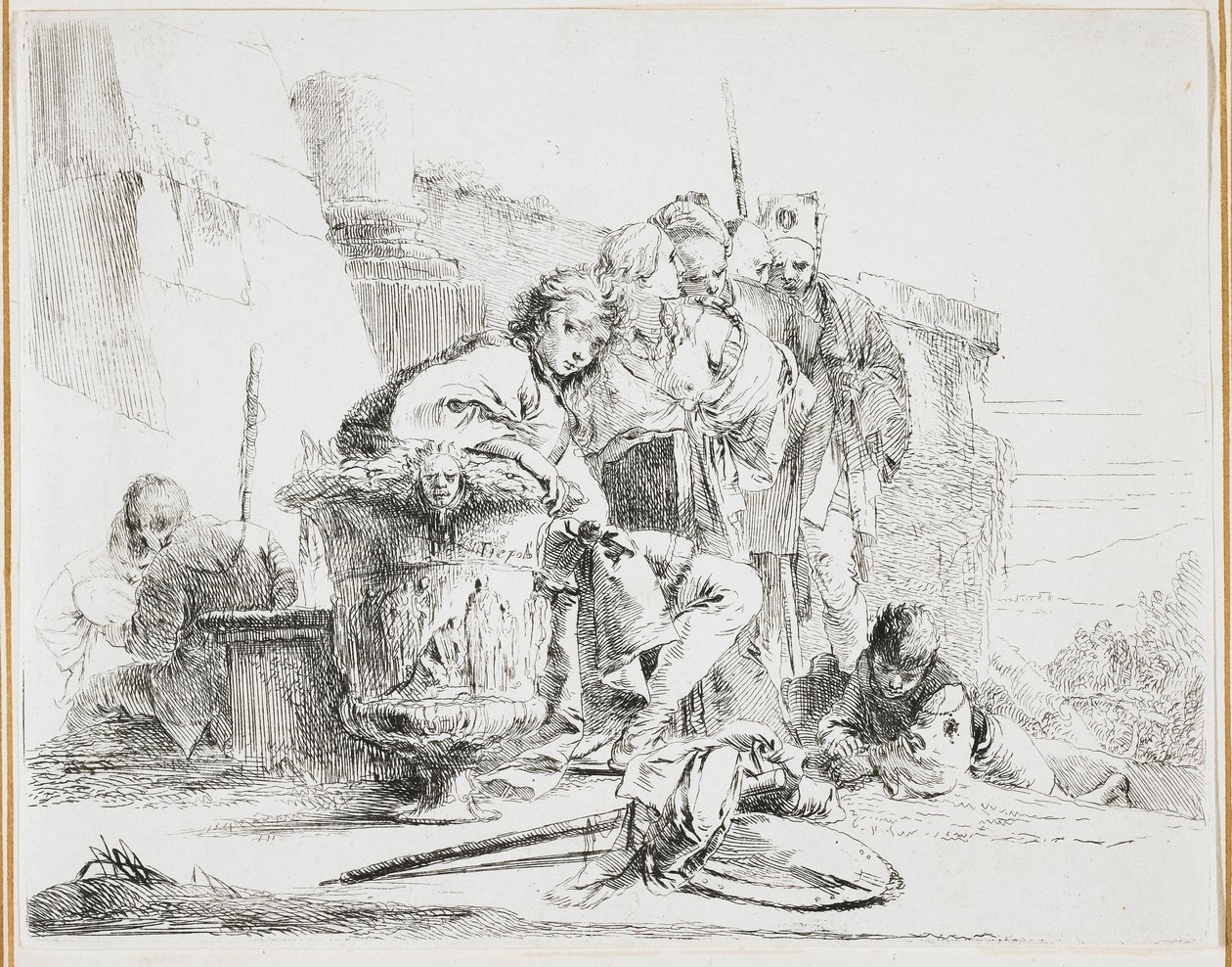 Nuori mies istuu, uurnaa vasten, lautanen Vari Capriccilta (Various Caprices), 1740-luku tekijältä Giovanni Battista Tiepolo