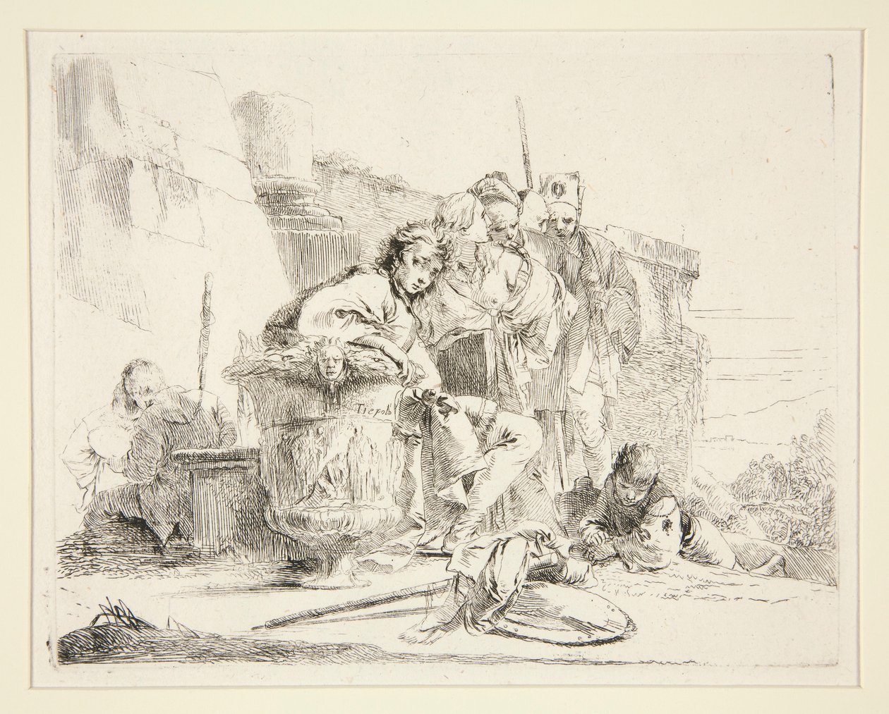 Nuori mies istuu ja nojaa uurnaan, sarjasta Vari Capricci tekijältä Giovanni Battista Tiepolo