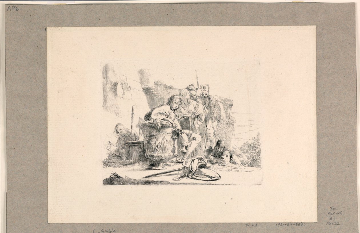 Nuoriso istuu uurnan ääressä ja muita hahmoja, Vari Capricci tekijältä Giovanni Battista Tiepolo
