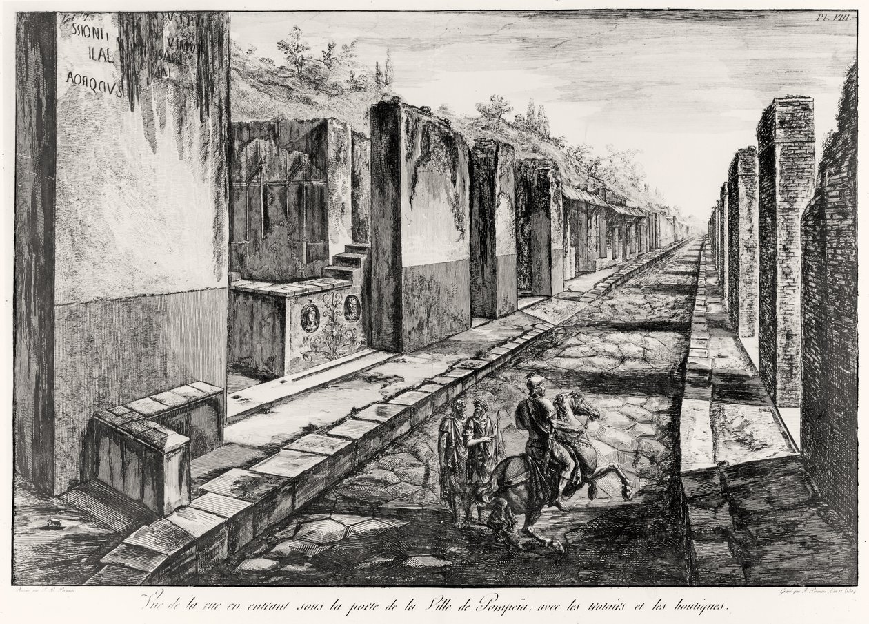 Näkymä Pompejin kaupungin porttikadulle, G.B.:n Antiquites de Pompeiasta. Piranesi, kaiverrus Francesco Piranesi (1758-1810) 1804 tekijältä Giovanni Battista Piranesi