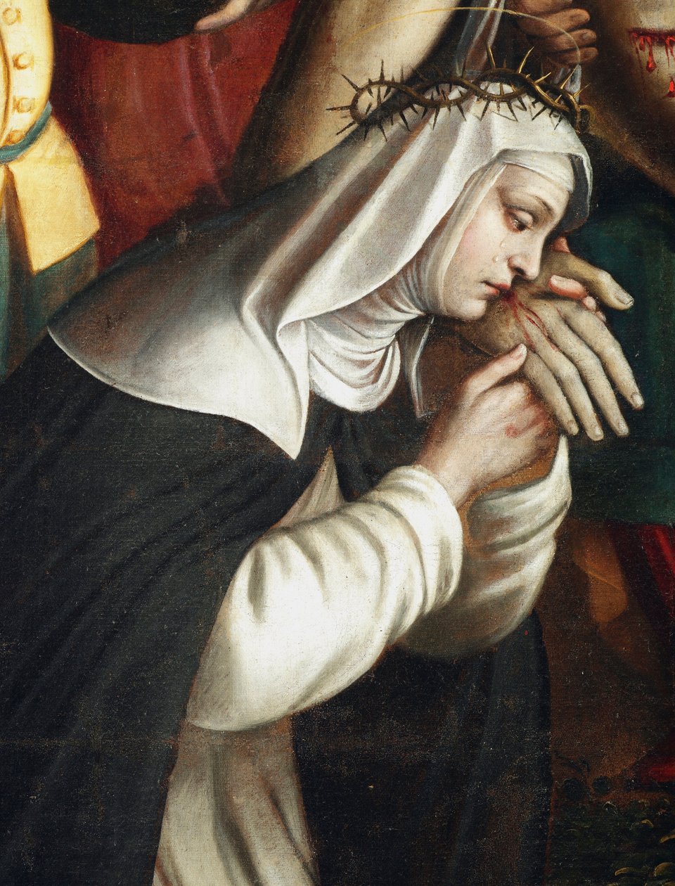 La deposition Yksityiskohta pyhimyksen Katariina Sienan edustaja - (yksityiskohta kerroksesta, jossa on pyhä Katariina Sienan) Giovanni Battista Secco dit il Caravagginon maalaus (aktiivinen 1572-1625) 1616 Santa Coronan kappeli, Basilica di Santa Maria de tekijältä Giovanni Battista called Caravaggino Secco