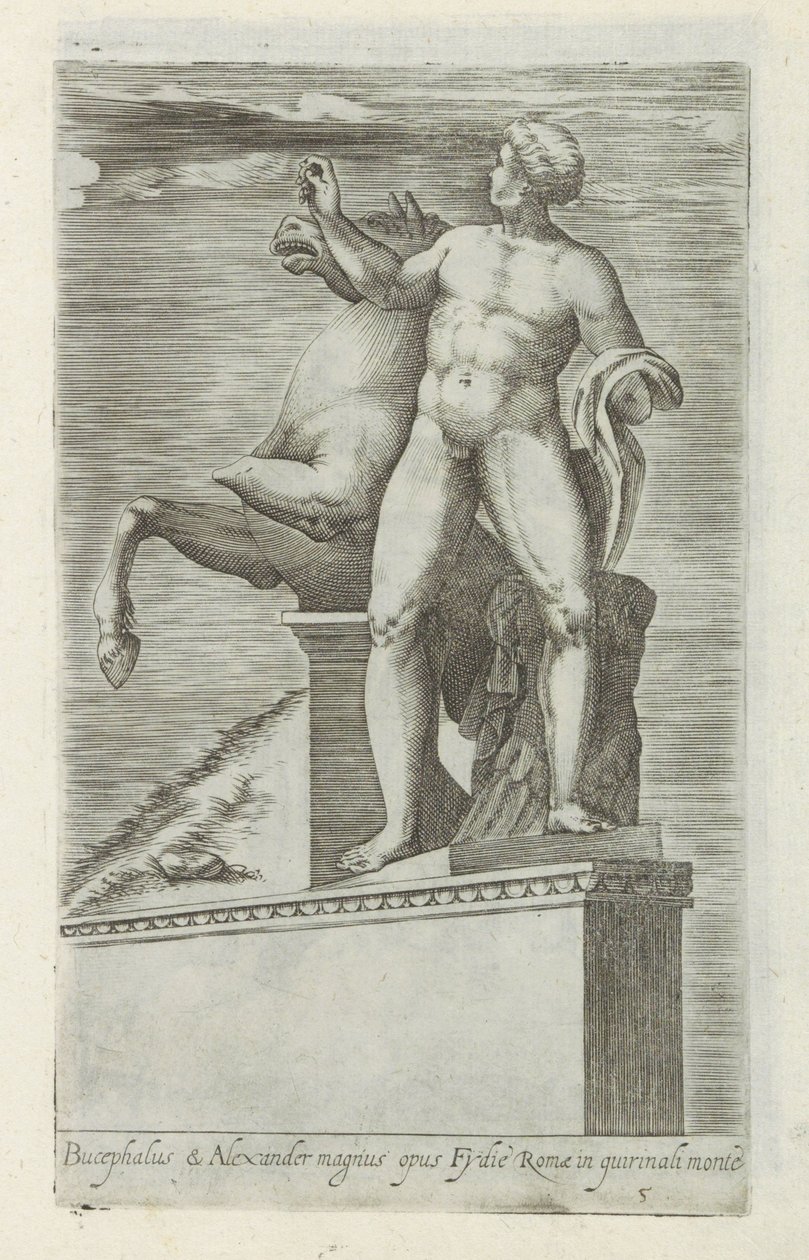 Sculptuur van een van de Dioscuren op het Quirinaal te Rome Bucephalus & Alexander suuri työ (...) (otsikko esineessä) Antiikkiveistoksia Roomassa (sarjan nimi) Ikonit Rooman kaupungin muinaisista patsaista, joita nähdään julkisilla paikoilla (sarjan nimi) tekijältä Giovanni Battista de